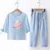 Bunny Earth Print Lace Up T-Shirt Drawstring Pants Suit - Modakawa Modakawa