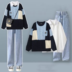 Colorblock Cable Knit Sweater Shirt High Waist Denim Pants Three Pieces - Modakawa Modakawa