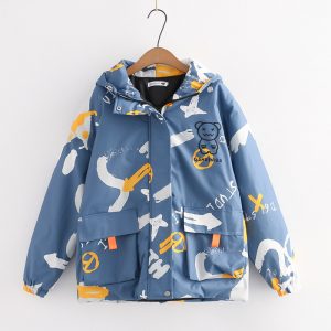 Cartoon Print Zipper Hooded Coat - Modakawa Modakawa