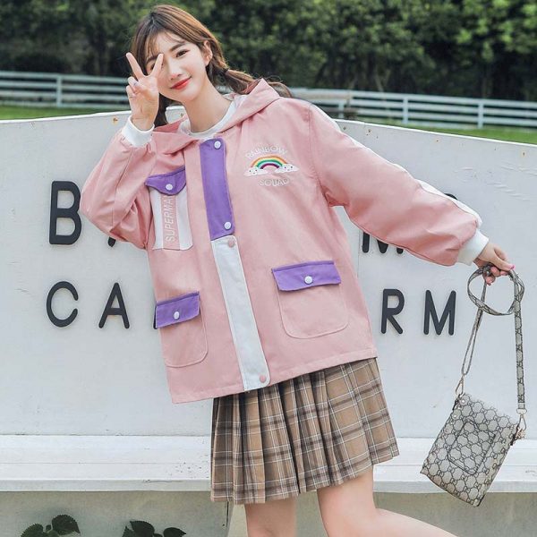 Cute School Student Rainbow Embroidery Hooded Jacket Outerwear - Modakawa Modakawa