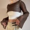 Chic Bell Sleeve See Through Hollow Out Crochet Crop Top - Modakawa Modakawa